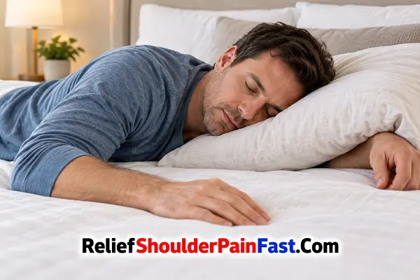 Person sleeping with the head resting toward the shoulder and arm