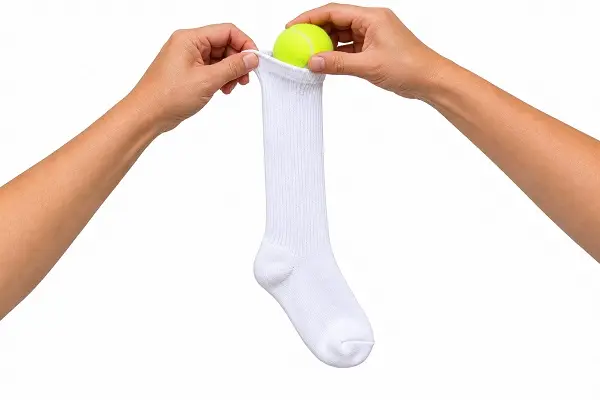 Putting a tennis ball inside a sock